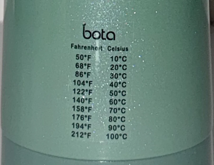 The Fahrenheit and Celsius guide printed on the back of the BOTA bottle